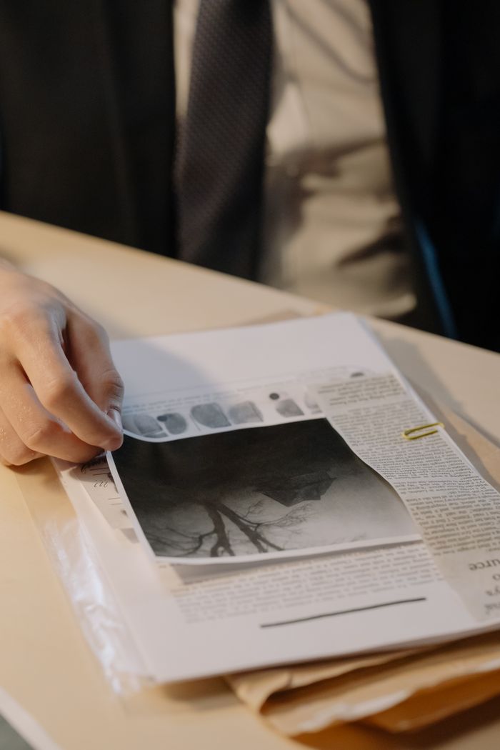 Close-up of a hand organizing legal documents and images on a desk.